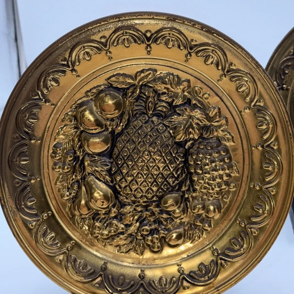 Vintage Brass Wall Plates Made in England Fruit Relief Pair 10.5
